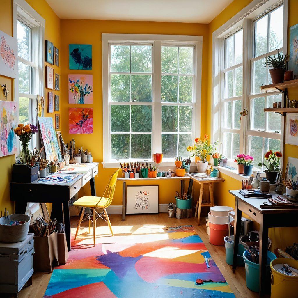 A vibrant, whimsical art studio filled with colorful paints and brushes, showcasing a joyful amateur artist at work on a large canvas, surrounded by playful splashes of color and abstract shapes. The atmosphere exudes creativity and happiness, with sunlight streaming in through big windows. Include playful elements like a pet cat curiously interacting with the art supplies and cheerful doodles on the walls. retro painting style. bright colors. soft focus.