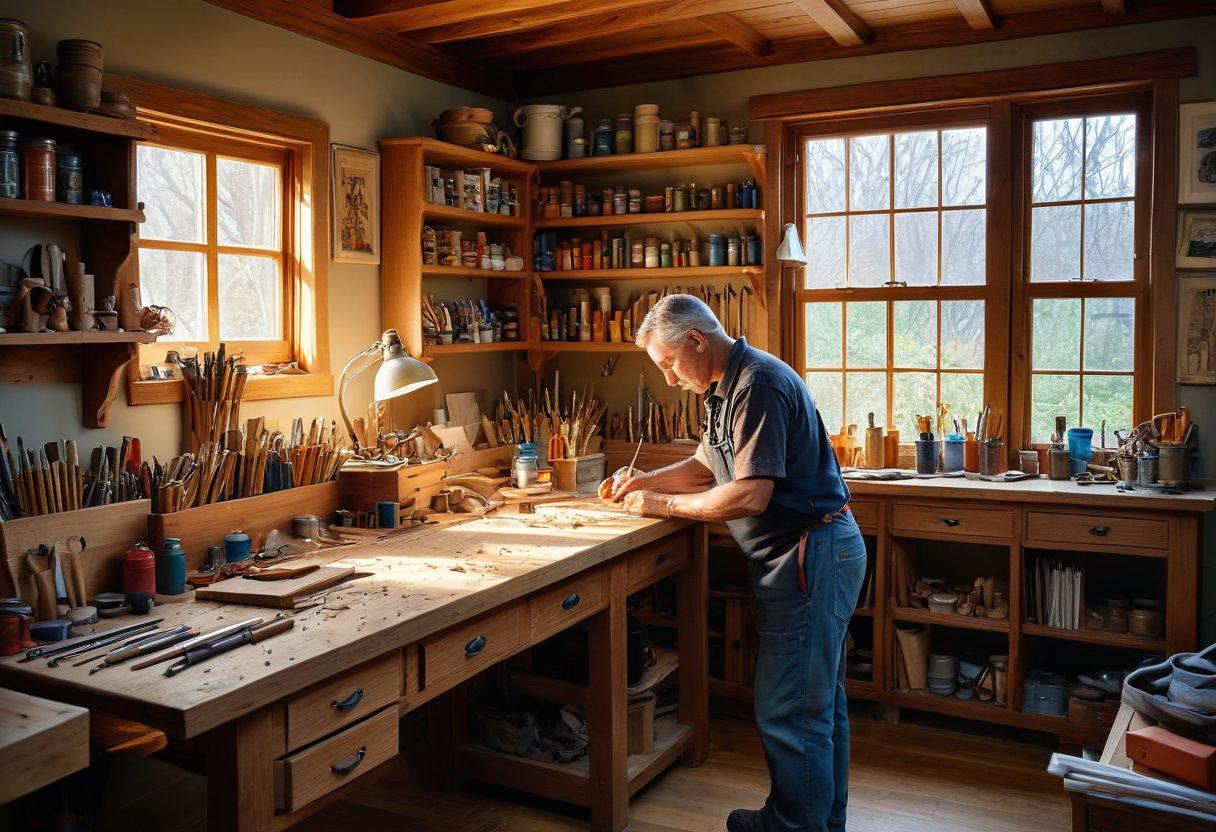 A captivating craftsman in a sunlit workshop, surrounded by various handmade tools and intricate projects showcasing different stages of creation. Imagine vibrant threads, wood shavings, and colorful paints on the workspace, reflecting the joy of skill-building and creativity. Incorporate elements of nature peeking through large windows, symbolizing inspiration and imagination. The atmosphere should be warm and inviting, highlighting the passion for craftsmanship. super-realistic. vibrant colors. warm lighting.