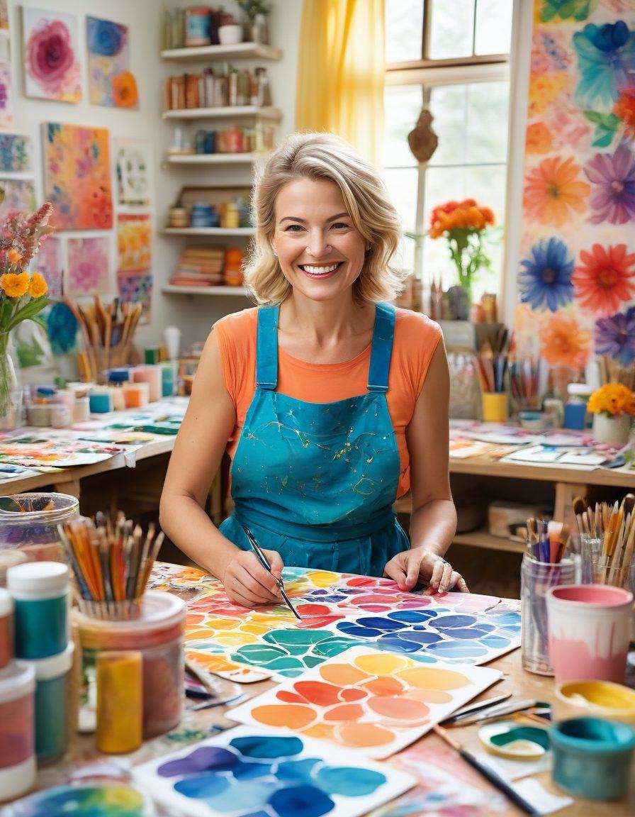 A whimsical and colorful crafting scene, featuring an artist surrounded by various art supplies like paints, brushes, and handmade creations. Smiling, expressive faces embodying joy and creativity, with bright abstract patterns in the background representing adventures in craftsmanship. Include elements of nature like flowers and natural light for inspiration. watercolor style, vibrant colors, playful design.